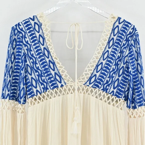 Free People Dusk Till Dawn Dress Sz 2 Blue Embroidered Bohemian Festival Tiered - Picture 13 of 15